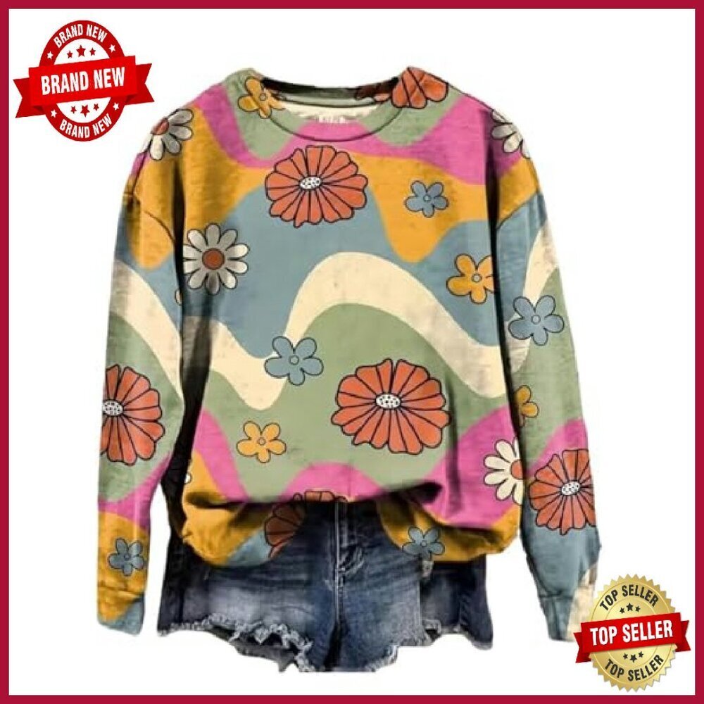 Cotton Blend Floral Sweatshirt Women's Long Sleeve Boho Pullover Loose Fit - Picture 2 of 4